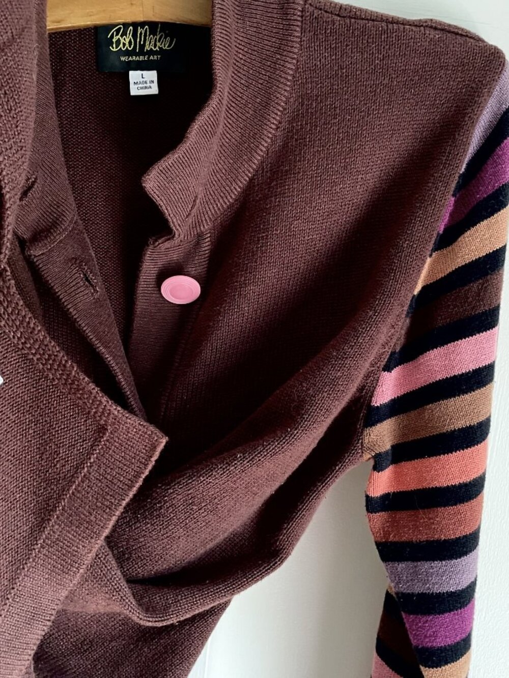 Bob Mackie Vintage Button Front Tall Long Cardigan Sweater L Brown Stripe Duster - Picture 7 of 10